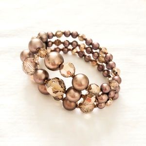 4/22 Brown Coffee Gold Faceted Beaded Multi Strand Layered Stretch Bracelet